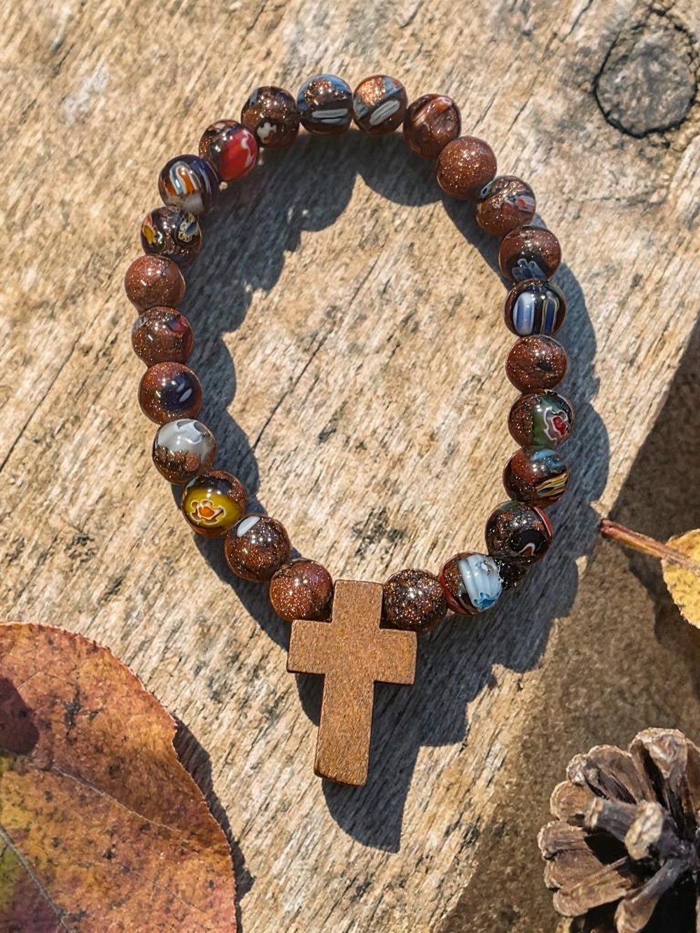 Vintage Millefiori & Goldstone Cross Beaded Bracelet - Picture 3 of 3